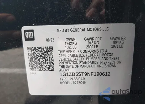 2022 Chevrolet Malibu Fwd Ls z USA, uszkodzony, nr VIN 1G1ZB5ST9NF190612